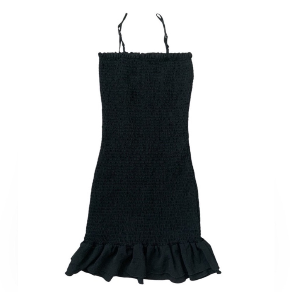 Rouched Fitted Ruffle Black Mini Dress women’s spaghetti strap